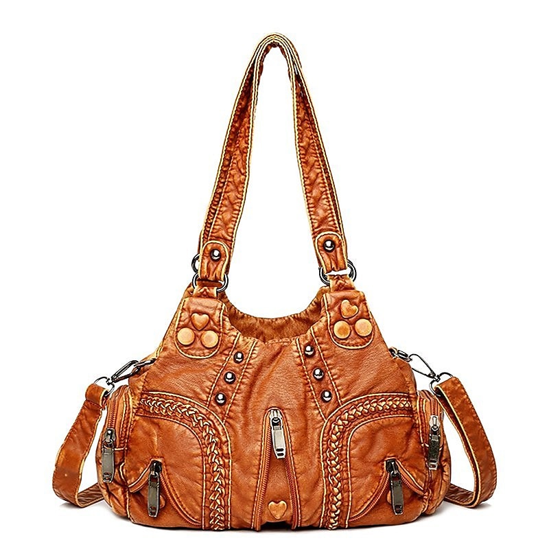 Women's Vintage Brown Leather Shoulder Bag - Stylish Multi-Pocket Handbag with Braided Detail and Zipper Accents for Everyday Use and Travel