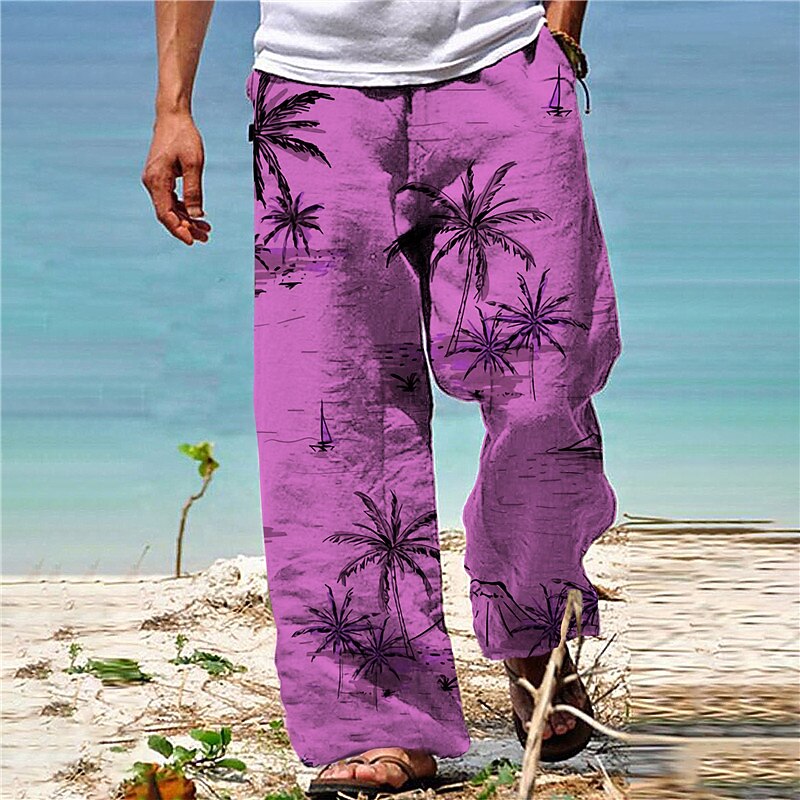 Men's Trousers Summer Pants Beach Pants Drawstring Elastic Waist Straight Leg Coconut Tree Graphic Prints Comfort Casual Daily Holiday Hawaiian Designer White Yellow4