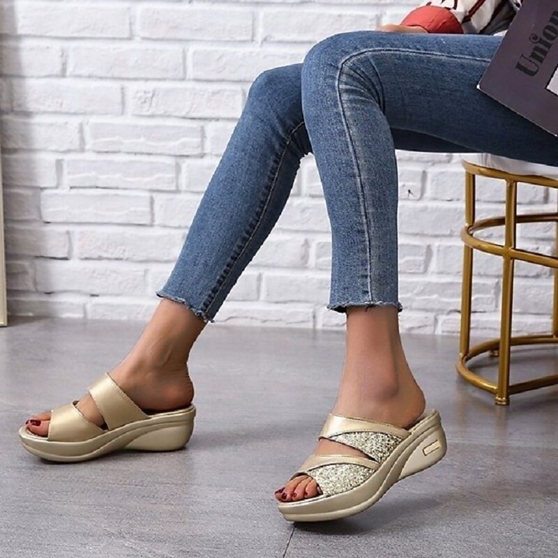 Women's Glitter Wedge Sandals - Gold Slip-On Platform Shoes with Comfortable Sole for Casual and Party Wear2