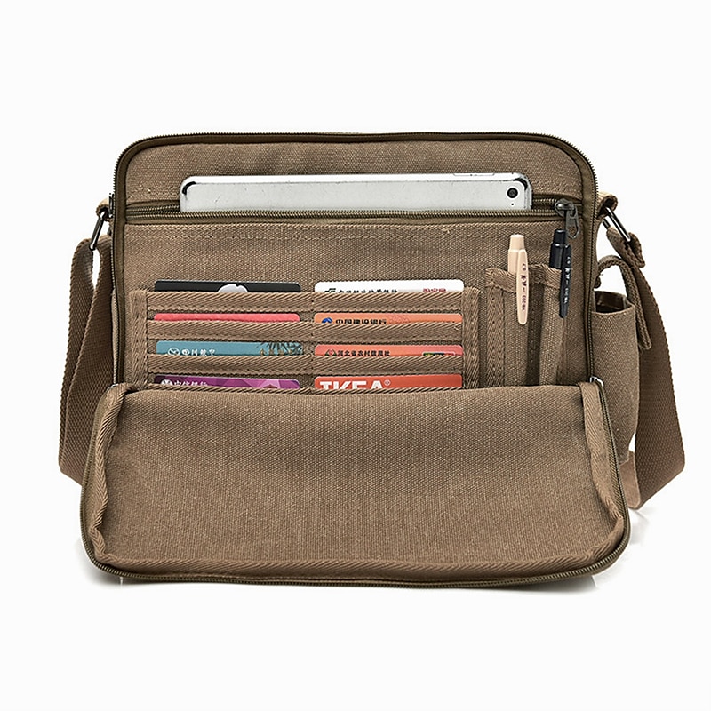 Men's Brown Canvas Messenger Bag with Multiple Pockets and Adjustable Strap for Travel and Daily Use4