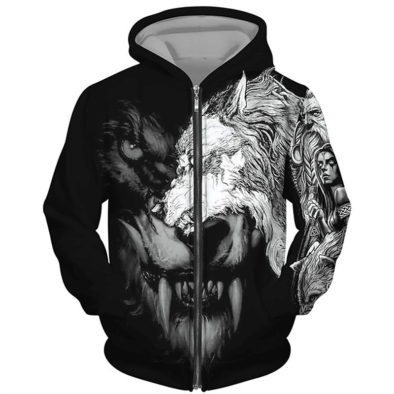 Men's Animal Wolf Graphic Prints Hoodie Hoodies Sweatshirt Streetwear Designer Long Sleeve Hooded Sports & Outdoor Daily Sports Black Brown Zipper Print Spring &  Fall Designer3