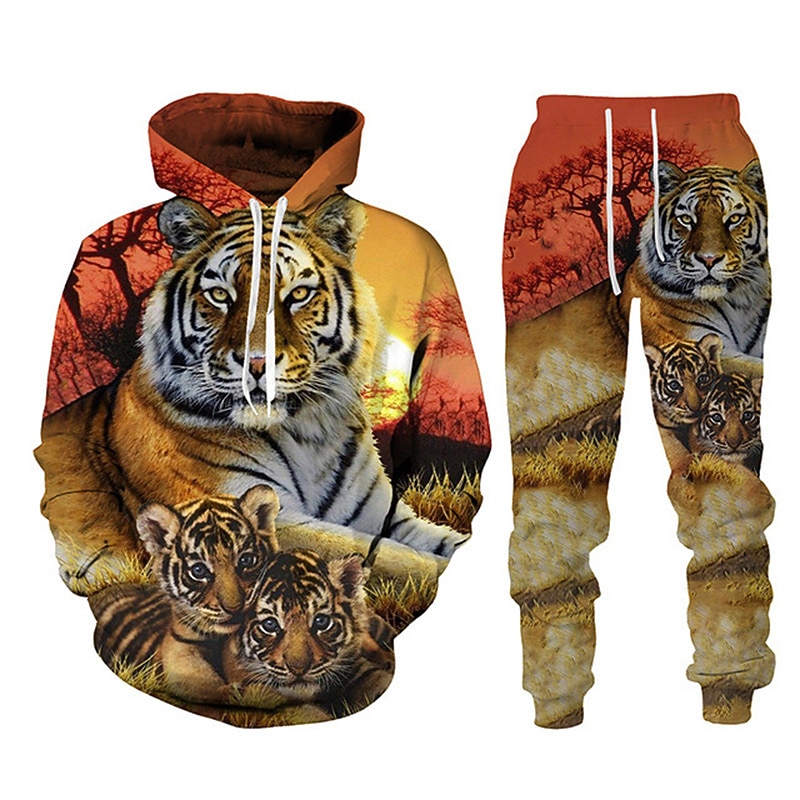 Men's Graphic Tiger 2pcs 3D Sweatshirt Sets Tracksuit Hoodies Long Sleeve Long pants Hooded Streetwear Designer Basic Sports & Outdoor Casual Sports Print Spring Fall Black Blue Purple2