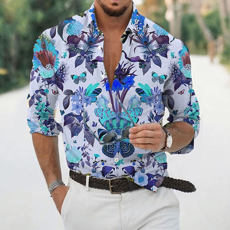 Men's Casual Shirt Long Sleeve Designer Retro Casual Vacation Going out Club Fall Spring &  Fall Classic Collar Print Blue Purple Green Gray4