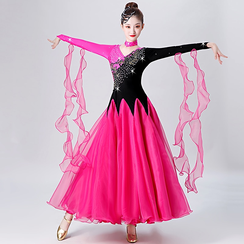 Ballroom Dance Dress Embroidery Splicing Crystals / Rhinestones Women's Performance Training Long Sleeve Spandex Organza4