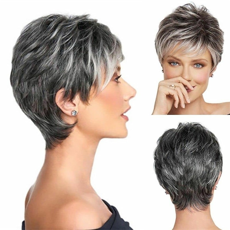 Gray Wigs for Women Fluffy and Undeformed Black Gray Gradient Short Wig Natural Appearance Gray Pixie Cut Wigs Suitable for Middle-aged and Older Women's Daily Use Wigs Costume Cosplay Wigs
