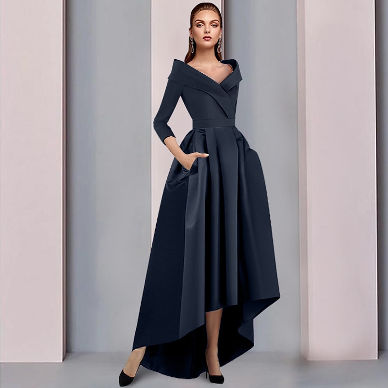 A-Line Mother of the Bride Dress Tuxedo Dress Wedding Guest Elegant High Low Sweet Spaghetti Strap Asymmetrical Tea Length Satin 3/4 Length Sleeve with Pleats