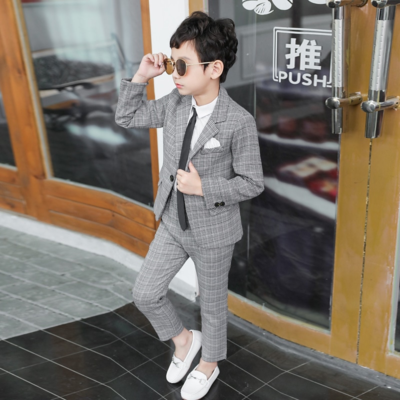 3 Pieces Ring Bearer Suit Boys Kids Suit Formal Suit Suit & Blazer Clothing Set Party Street Cool Gentle Plaid Navy Blue Dark Gray Cotton3