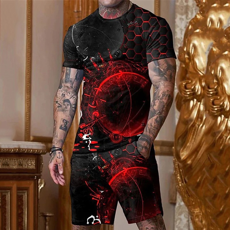 Men's Graphic Geometic 2pcs Tees sets Matching Sets Short Sleeve Short Pants Crew Neck Designer Casual Comfortable Outdoor Vacation Daily 3D Print Spring & Summer Red
