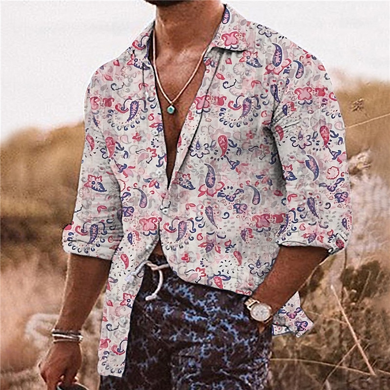 Men's Floral Shirt Boho Shirt Button Up Shirt Long Sleeve Tropical Sports Streetwear Outdoor Casual Daily Fall & Winter Turndown Print Button-Down Apricot Pink2