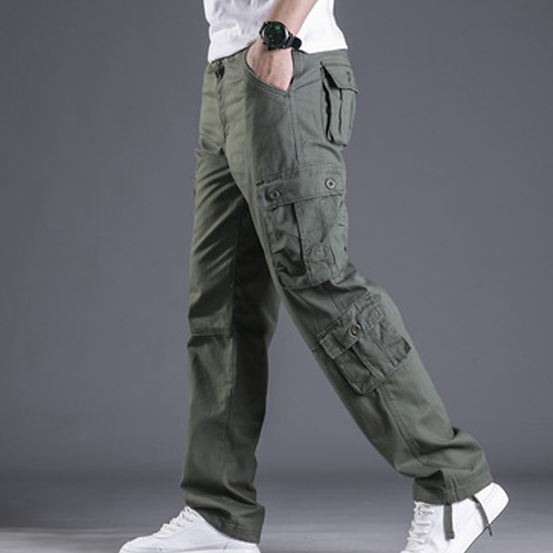 Men's Cargo Pants Trousers Leg Drawstring 8 Pocket Solid Color Comfort Outdoor Daily Streetwear Grass Green Black4