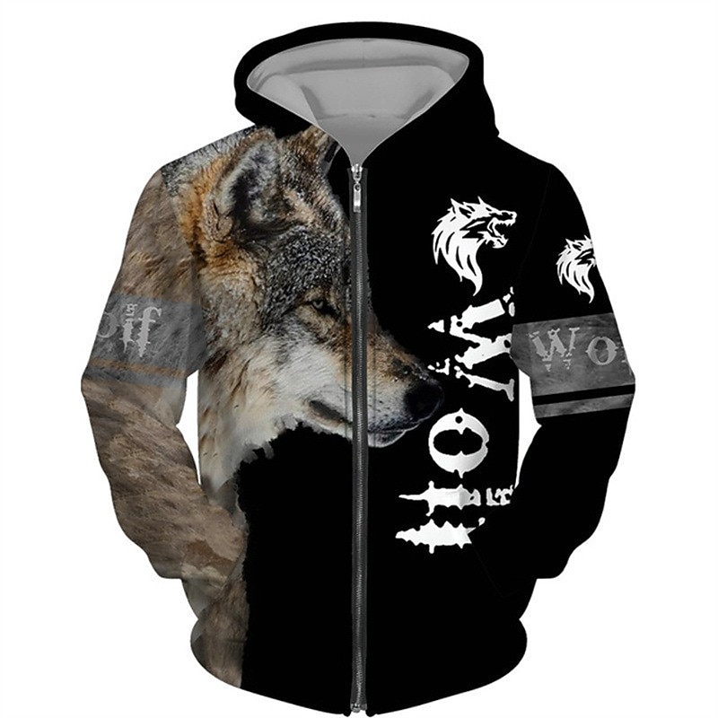Men's Animal Wolf Graphic Prints Hoodie Hoodies Sweatshirt Streetwear Designer Long Sleeve Hooded Sports & Outdoor Daily Sports Black Brown Zipper Print Spring &  Fall Designer2