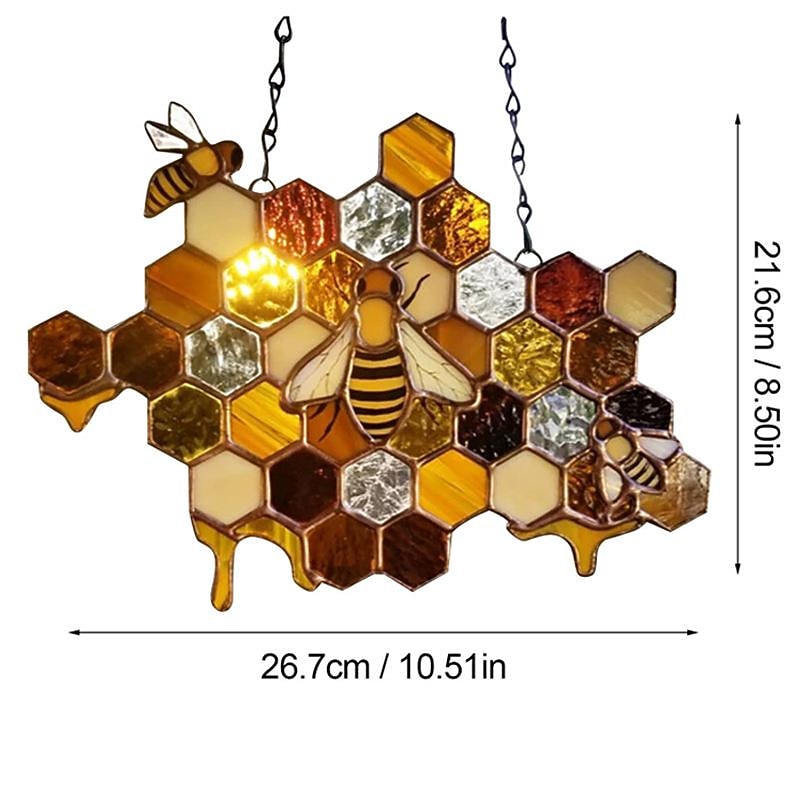 Bee Honeycomb Stained Honeybee Window Hangings Ornament Suncatcher, Beehive Stained Panel Handcrafted Modern Sunflower Stained Window Hangings Colorful Bee Pendant Art Ornaments2