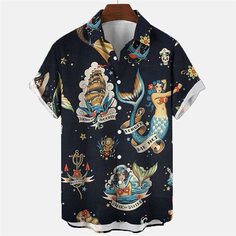 Men's Mermaid Pirate Shirt Summer Hawaiian Shirt Aloha Shirt Short Sleeves Shirt Turndown Tropical Fashion Hawaiian Street Casual Hawaiian Black Red Blue S M L