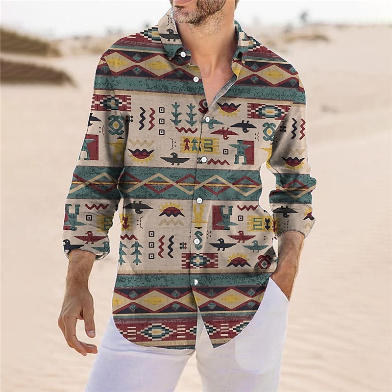 Men's Tribal Geometry Ethnic Shirt Button Up Shirt Long Sleeve Vintage Fashion Streetwear Outdoor Daily Fall & Winter Turndown Print Button-Down Yellow Blue