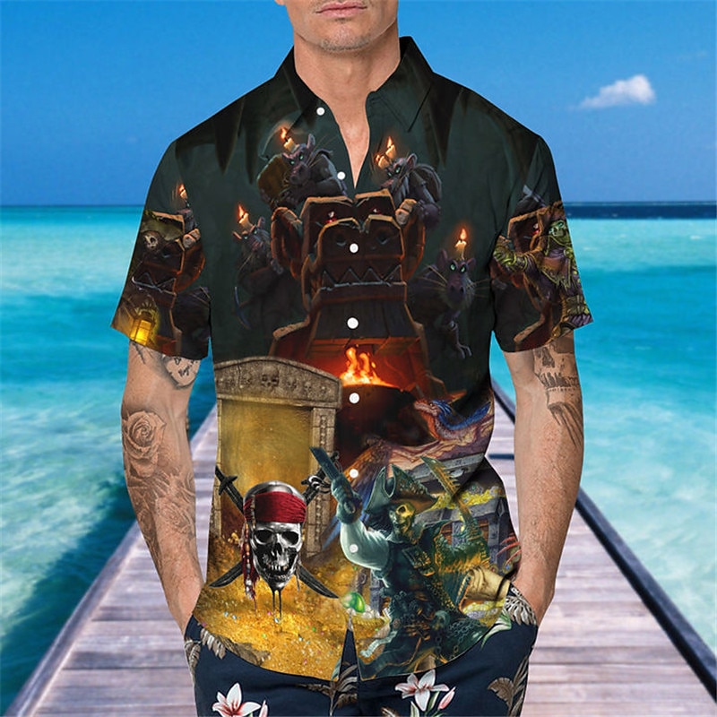 Men's Skull Pirate Shirt Button Up Shirt Short Sleeve Tropical Sports Streetwear Casual Beach Summer Spring Turndown Print Button-Down Yellow4