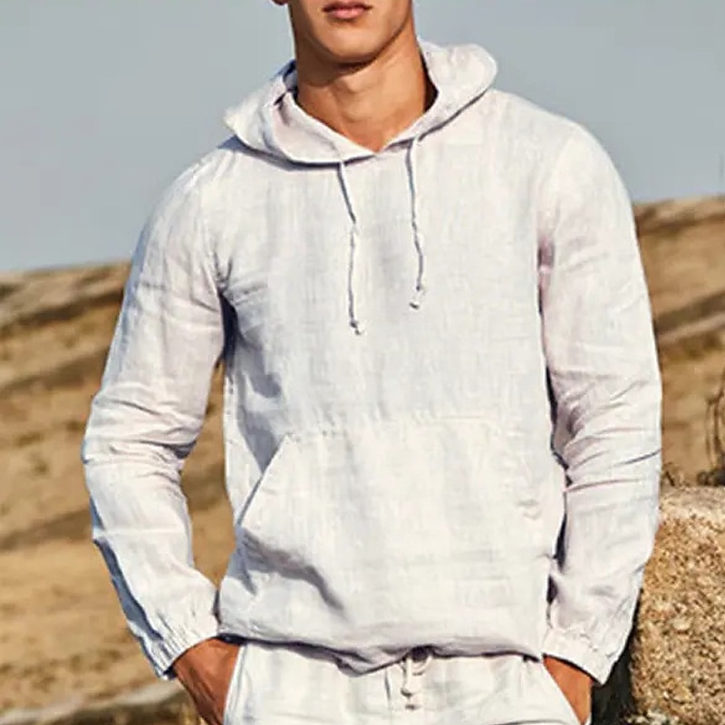 Men's Cotton Linen Shirt White Cotton Shirt Summer Shirt Beach Shirt Plain Casual Daily Black White Blue Long Sleeve Hooded Spring & Summer Clothing Apparel Front Pocket2