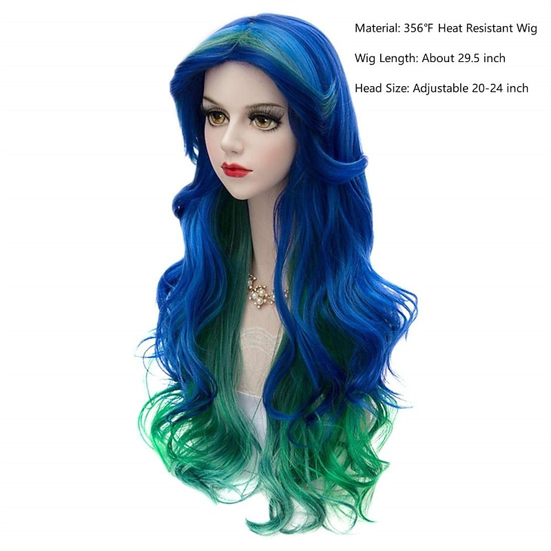 Women Peacock Blue Green Wig Long Curly Wavy Wigs for Girl 29.5 Inch Colorful Wig Cosplay Costume Party Fluffy Wig Synthetic Charming Heat Friendly Ombre Wig  Halloween Wigs St.Patrick's Day Wigs2