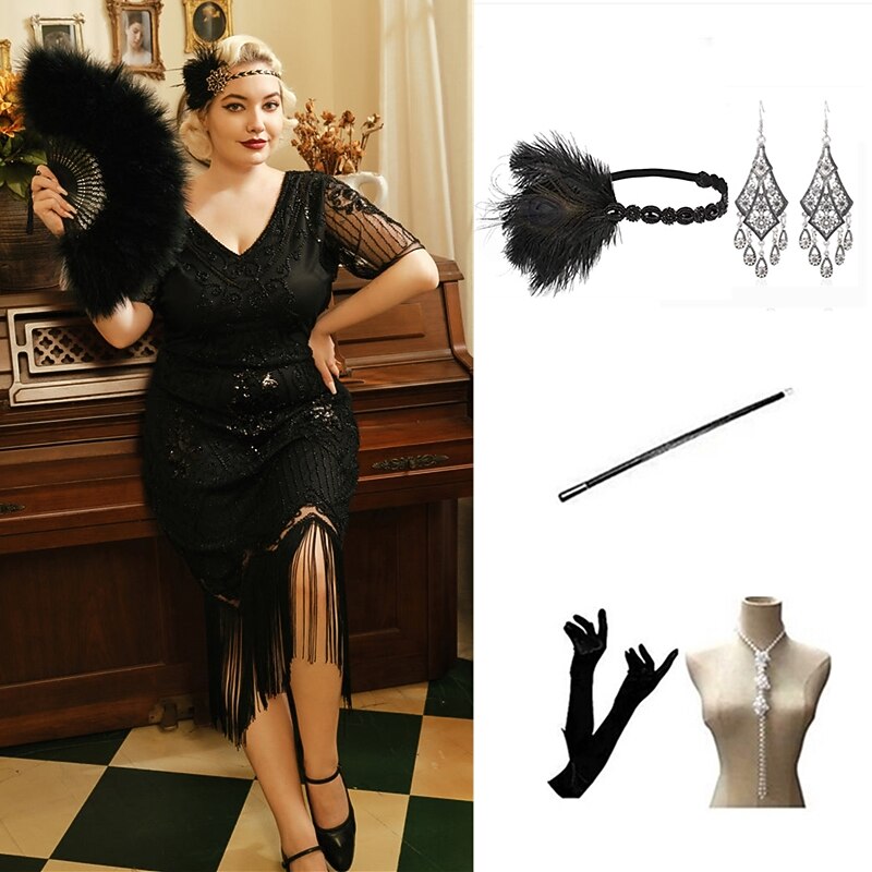 The Great Gatsby Midi Flapper Dress Dress Outfits The Great Gatsby Wedding Guest Sequins Tassel Fringe Sequin Tassel V Neck Fancy Dress Women's Masquerade Prom Party & Evening Wedding Reception3