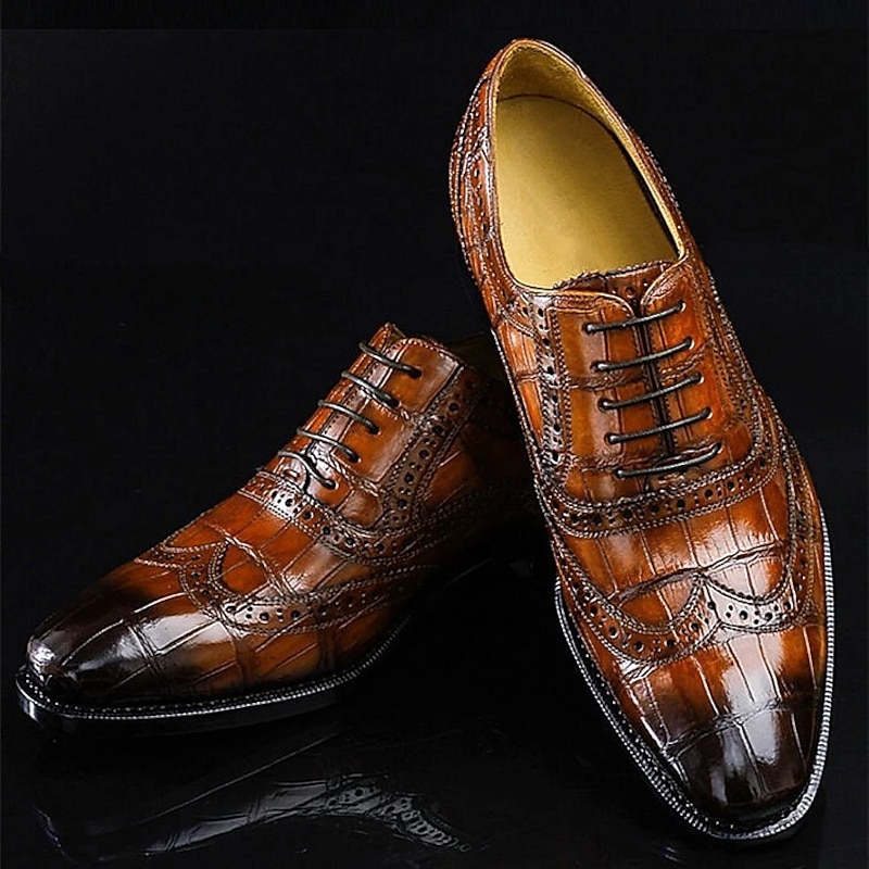 Men's Faux Leather Oxford Shoes - Crocodile Pattern with Brogue Detailing, Perfect for Formal Events and Business Wear3