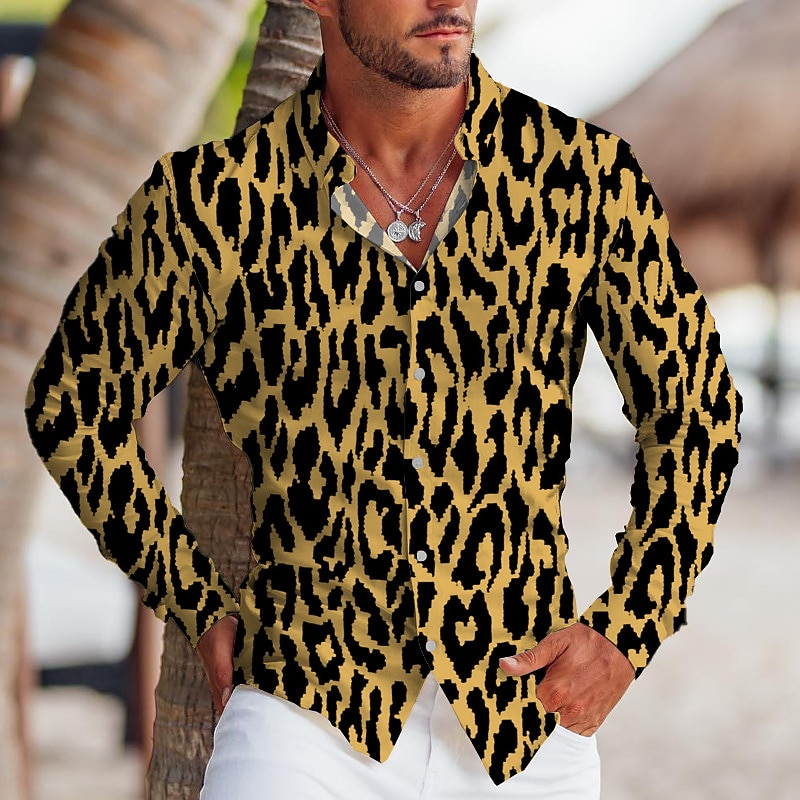 Men's Leopard Shirt Button Up Shirt Long Sleeve Tropical Fashion Designer Outdoor Casual Daily Fall & Winter Turndown Print Button-Down White Yellow Blue Green4