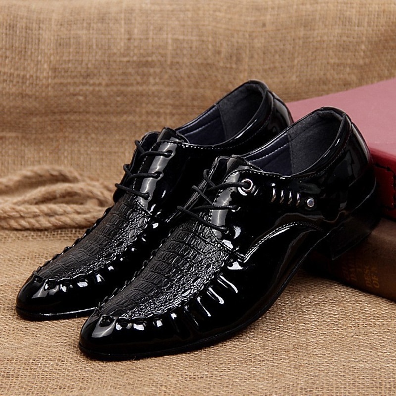Men's Black Patent Faux Leather Dress Shoes - Crocodile Pattern Lace-Up Oxford Shoes for Formal Business, Weddings & Evening Events