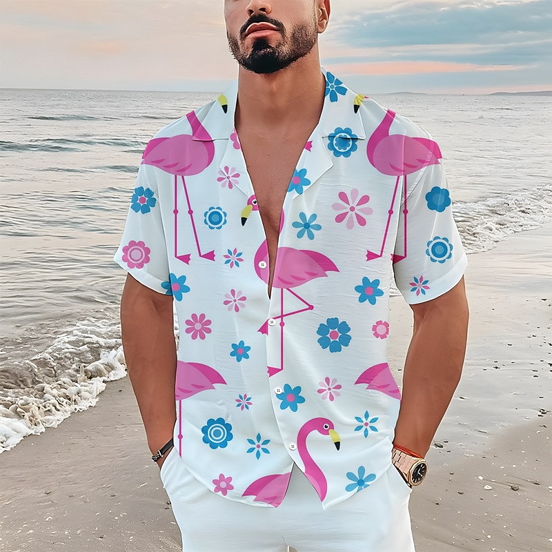 Men's Floral Flamingo Tropical Shirt Summer Hawaiian Shirt Aloha Shirt Short Sleeve Shirt Turndown Tropical Fashion Streetwear Casual Hawaiian Holiday Blue-Green Black White S M L3