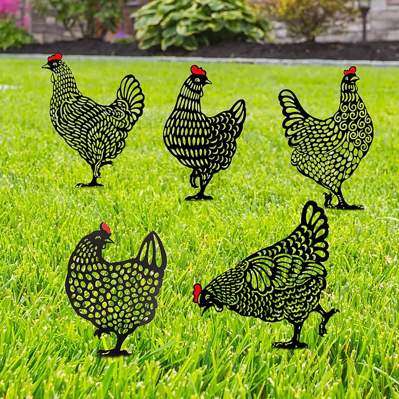 Rooster Animal Stakes, Chicken Family Garden Silhouette Yard Art, Hollow Out Animal Shape Decor for Outdoor-for Lawns Backyard