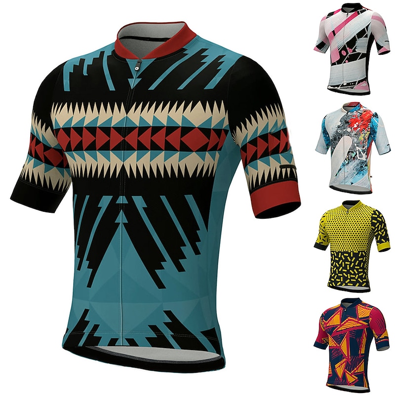 Men's Cycling Jersey Geometric Geometry Short Sleeve Bike Top with 3 Rear Pockets Mountain Bike MTB Road Bike Cycling Quick Dry Reflective Strips Back Pocket Moisture Wicking Sports Yellow Pink Red