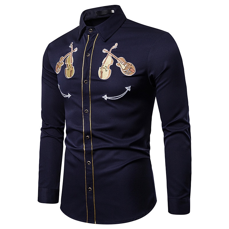 Men's Graphic Prints Musical Instrument Shirt Western Shirt Cowboy Shirt Long Sleeve Sports Fashion Streetwear Outdoor Daily Fall & Winter Turndown Print Button-Down Black White Navy Blue3