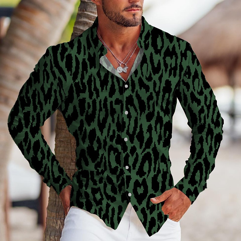 Men's Leopard Shirt Button Up Shirt Long Sleeve Tropical Fashion Designer Outdoor Casual Daily Fall & Winter Turndown Print Button-Down White Yellow Blue Green3