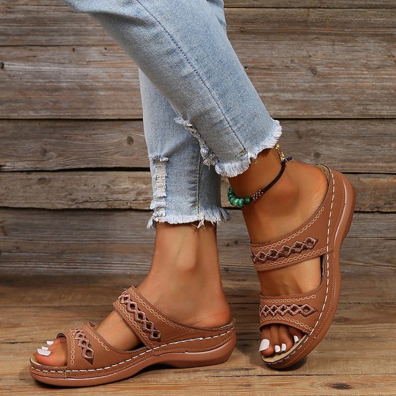 Women's Dark Brown Slip-On Comfort Sandals with Arch Support and Cutout Straps, Casual Orthopedic Slide Shoes for Walking, Travel, and Daily Wear2