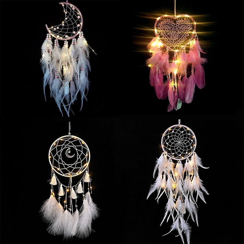 LED Dream Catcher Wall Decor with Feather Pendant Wall Hanging Ornament Wind Chimes Light for Car Home Girl Children's Bedroom Decoration Christmas Birthday Party Balcony Window Ramadan Eid Decorations