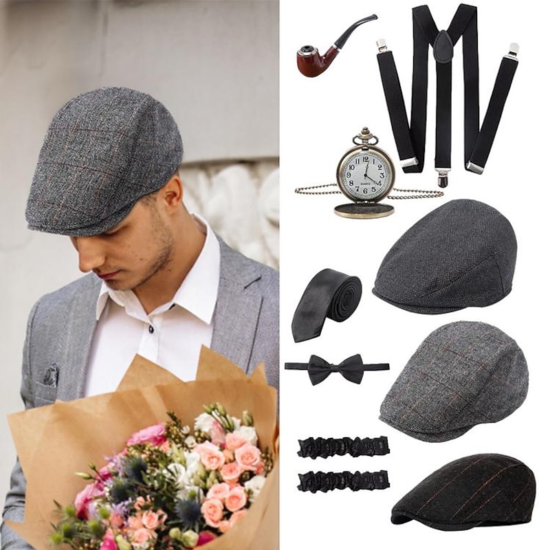 7 Pcs 1920s Gangster Costume Men Gatsby Beret Hat Retro Pocket Watch Y-Back Suspenders Tie Armbands Manhattan Mens Costume Accessories