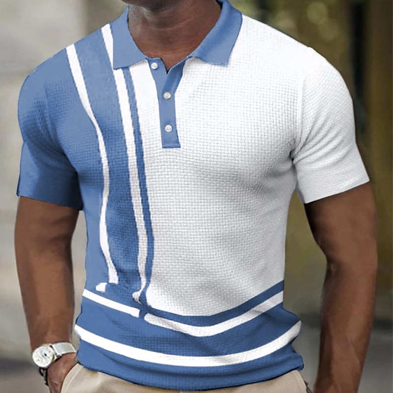 Men's Waffle Polo Shirt Golf Shirt Outdoor Street Turndown Short Sleeves Sports Fashion Striped Graphic Prints Button-Down Print Summer Spring Regular Fit Yellow Navy Blue Green Light Blue Gray3