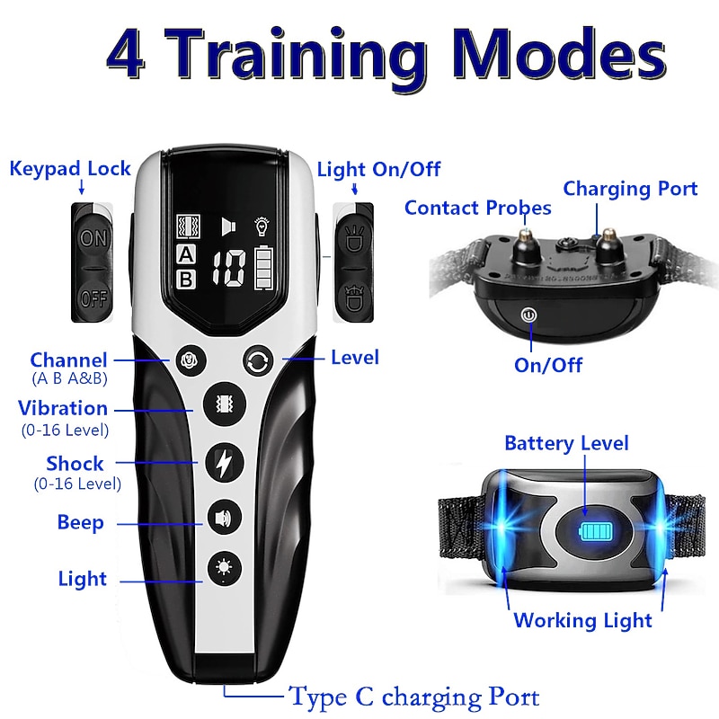 2000FT Pet Dog Training Collar 4 Working Mode Flashlight Beep Vibration Shock With Keypad Lock IPX7 Waterproof Type C Rechargeable3