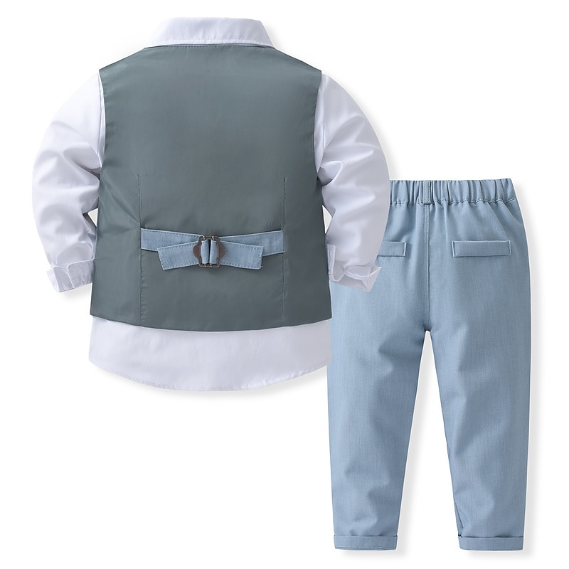 4 Pieces Toddler Boys Shirt & Pants Outfit Solid Color Long Sleeve Cotton Set School Fashion Adorable Spring Fall 3-7 Years Blue Gray Light Blue4