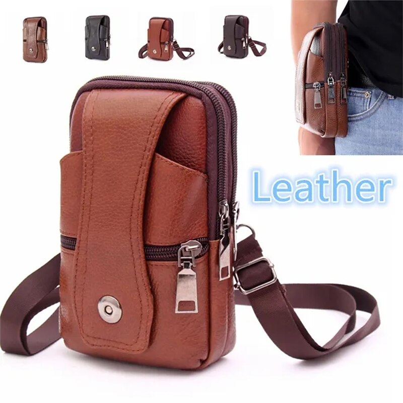 Fashion Men Leather Waist Bag Multifunction Fanny Pack Large Capacity Belt BagBrown Shoulder Bags Crossbody BagsMulti-layer buckle mobile phone bag