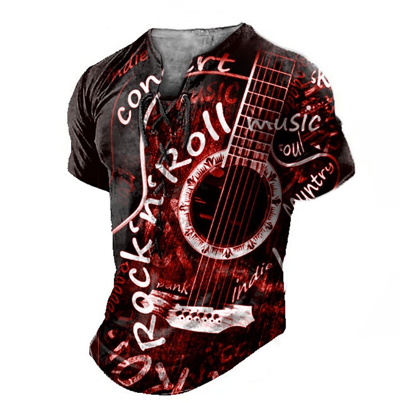 Rock N Roll Guitar Mens Graphic Shirt And 3D Red Summer Cotton Henley Tee Musical Instrument Clothing Apparel Print Daily Sports Short Sleeve Concert3