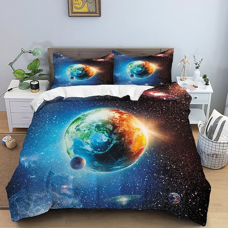 Duvet Cover Set with Zipper Reversible Universe Moon Printed Design Soft Microfiber Bedding Set Includes Duvet Cover and Pillowcases Perfect for Adding a Cosmic Touch to Your Bedroom Decor