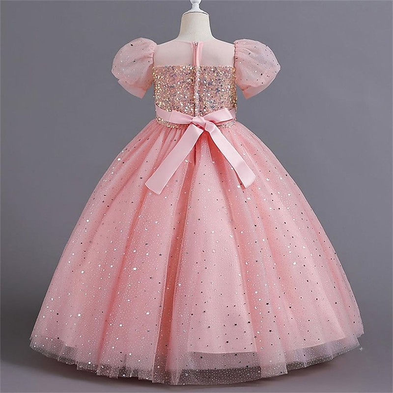 Kids Girls' Flower Girl Dress Party Dress Solid Color Flower Short Sleeve Performance Wedding Party Sequins Elegant Princess Polyester Maxi Pink Princess Dress Tulle Dress Summer Spring 4-13 Years3