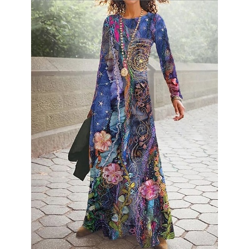 Women's Maxi Dress Casual Dress Swing Dress Floral Dress Long Dress Pink Long Sleeve Floral Print Summer Spring Crew Neck Fashion Summer Dress Daily Date3
