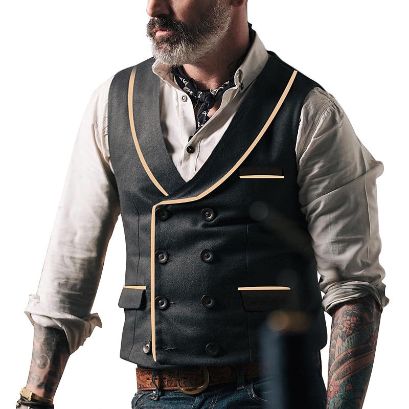 Men's Vest Gilet Wedding Business Daily Business Casual Spring Fall Pocket Polyester Breathable Plain Double Breasted Turndown Regular Fit Black Vest2