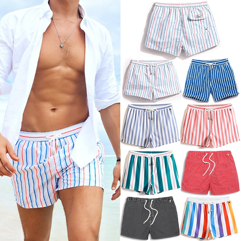 Men's Swim Trunks Swim Shorts Board Shorts Summer Shorts Drawstring Pocket with Mesh lining Stripe Comfort Quick Dry Short Casual Daily Holiday Hawaiian Classic Style Black 1# Black Inelastic