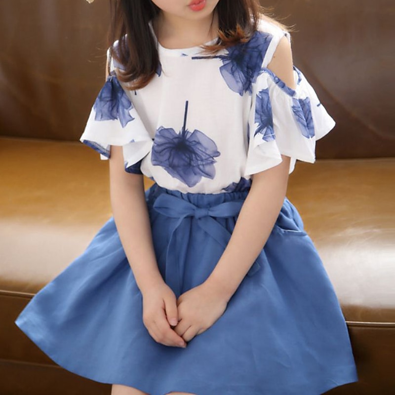 3 Pieces Kids Girls' Graphic Skirt & Shirt Set Short Sleeve Fashion Outdoor 7-13 Years Summer Red Blue Green4