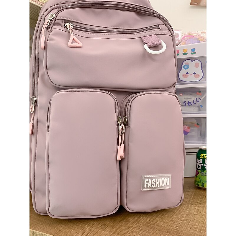 Women's Pink Nylon Backpack with Multiple Pockets – Lightweight Waterproof School and Travel Bag for College, Work, or Daily Use