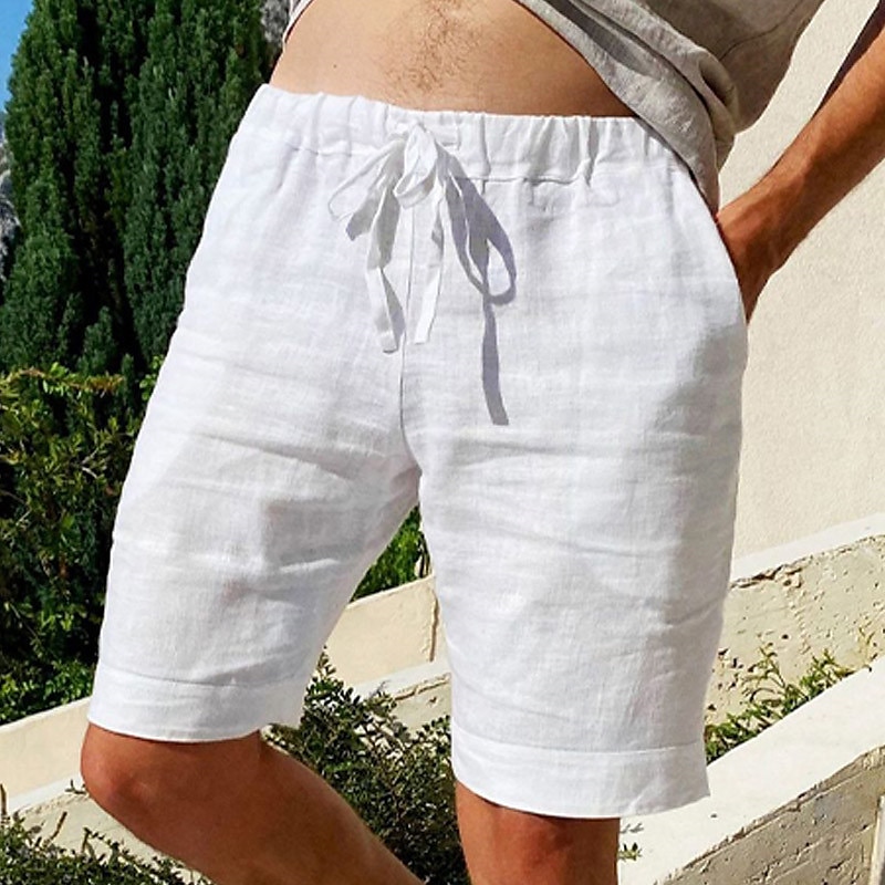 Men's Shorts Linen Shorts Summer Shorts Pocket Elastic Waist Drawstring Plain Outdoor Daily Going out Holiday Casual Black White
