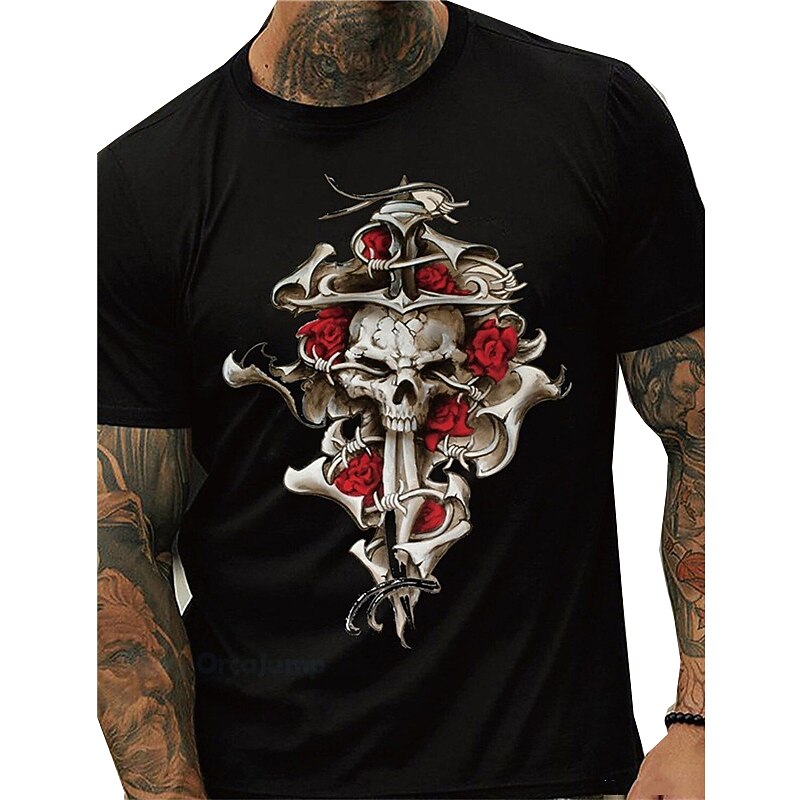 Men's Gothic Skull & Roses Graphic T-Shirt - Edgy Barbed Wire Anchor Tee Short Sleeve2