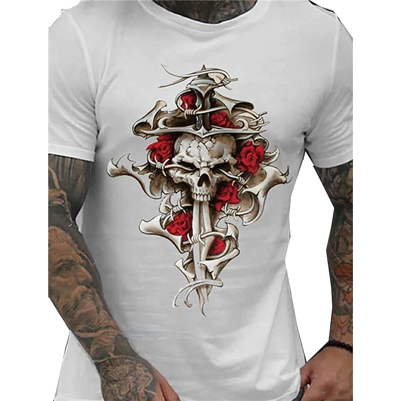 Men's Gothic Skull & Roses Graphic T-Shirt - Edgy Barbed Wire Anchor Tee Short Sleeve3
