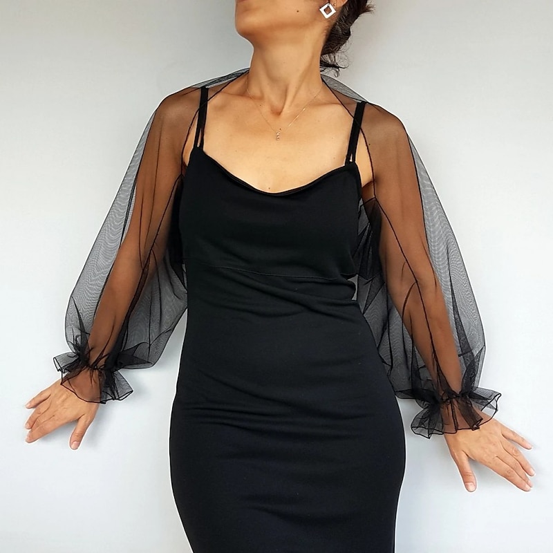 Mesh Bolero Long Puff Ruffles Sleeve See Through Cover Up Shrug Tulle Bolero Bridal Organza Wedding Guest Fashion Women's Wrap Sun Protection All-Match Spring & Summer dress to impress2