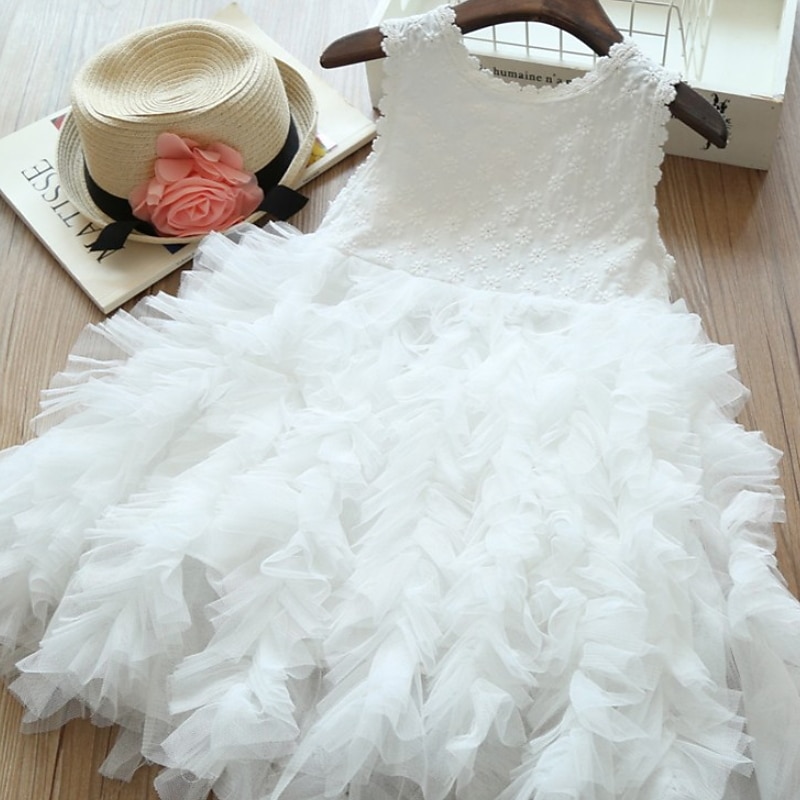 Flower Girl Dress Kids Girls' Dress Solid Color A Line Dress Knee-length Dress Outdoor Crew Neck Sleeveless Fashion Dress 3-8 Years Spring White Pink Camel3
